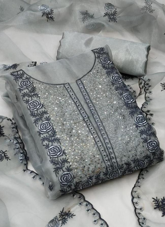 Organza Grey Festival Wear Embroidery Work Dress Material